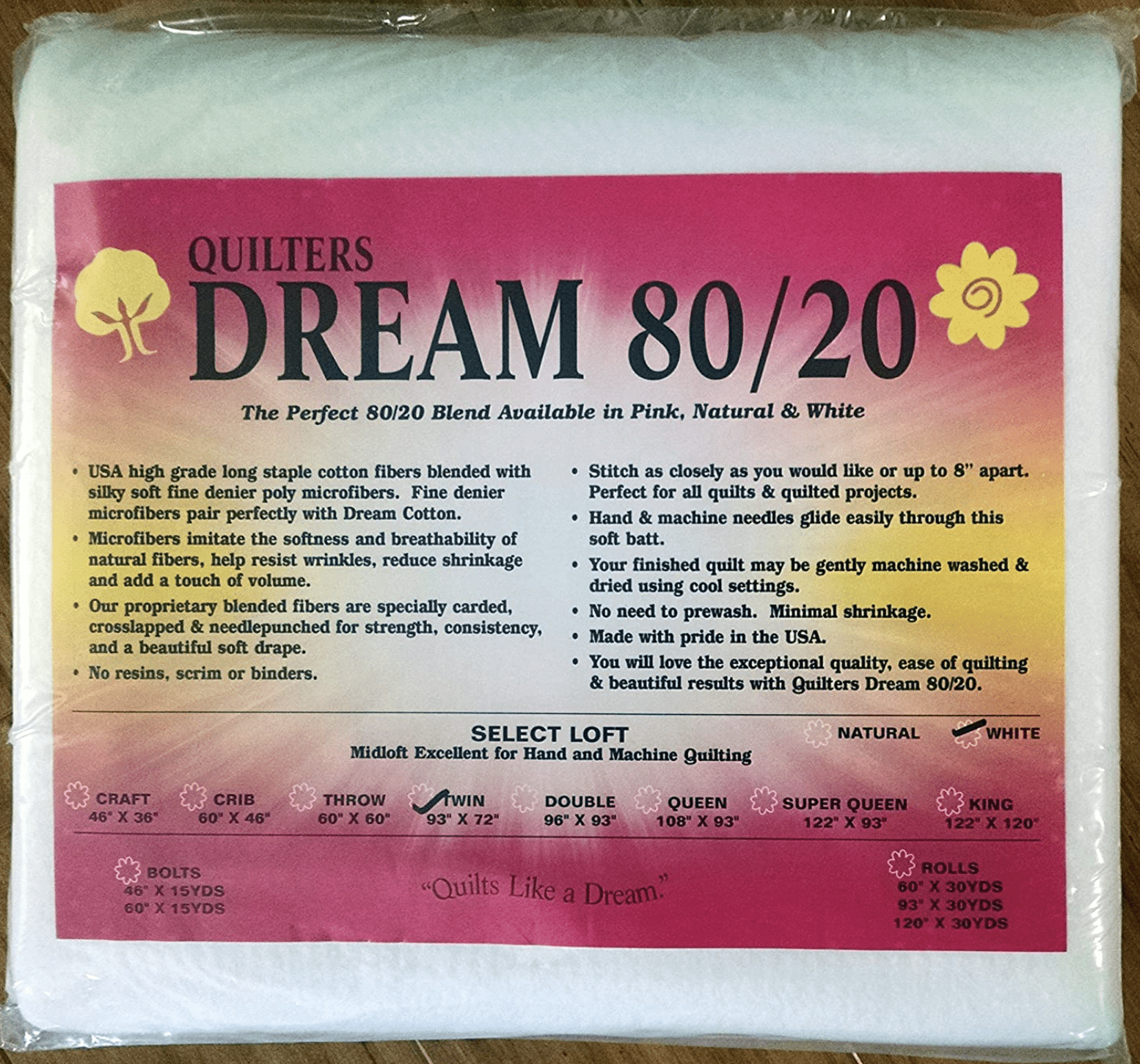 Quilter's Dream 80/20, White, Select Loft Batting - Twin Size 93X72