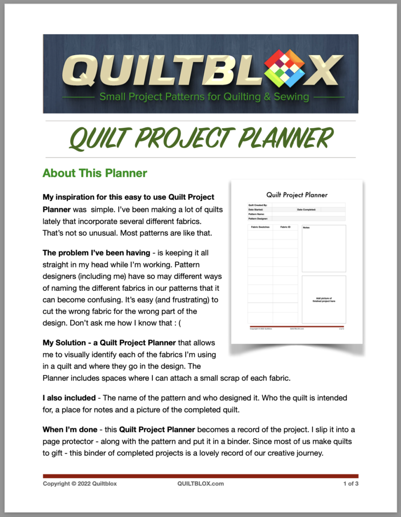 Quilt Project Planner - Front page