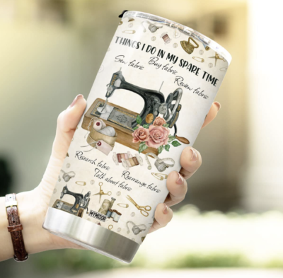 Sewing Themed Travel Tumbler - Cup in hand - Image - Quiltblox.com