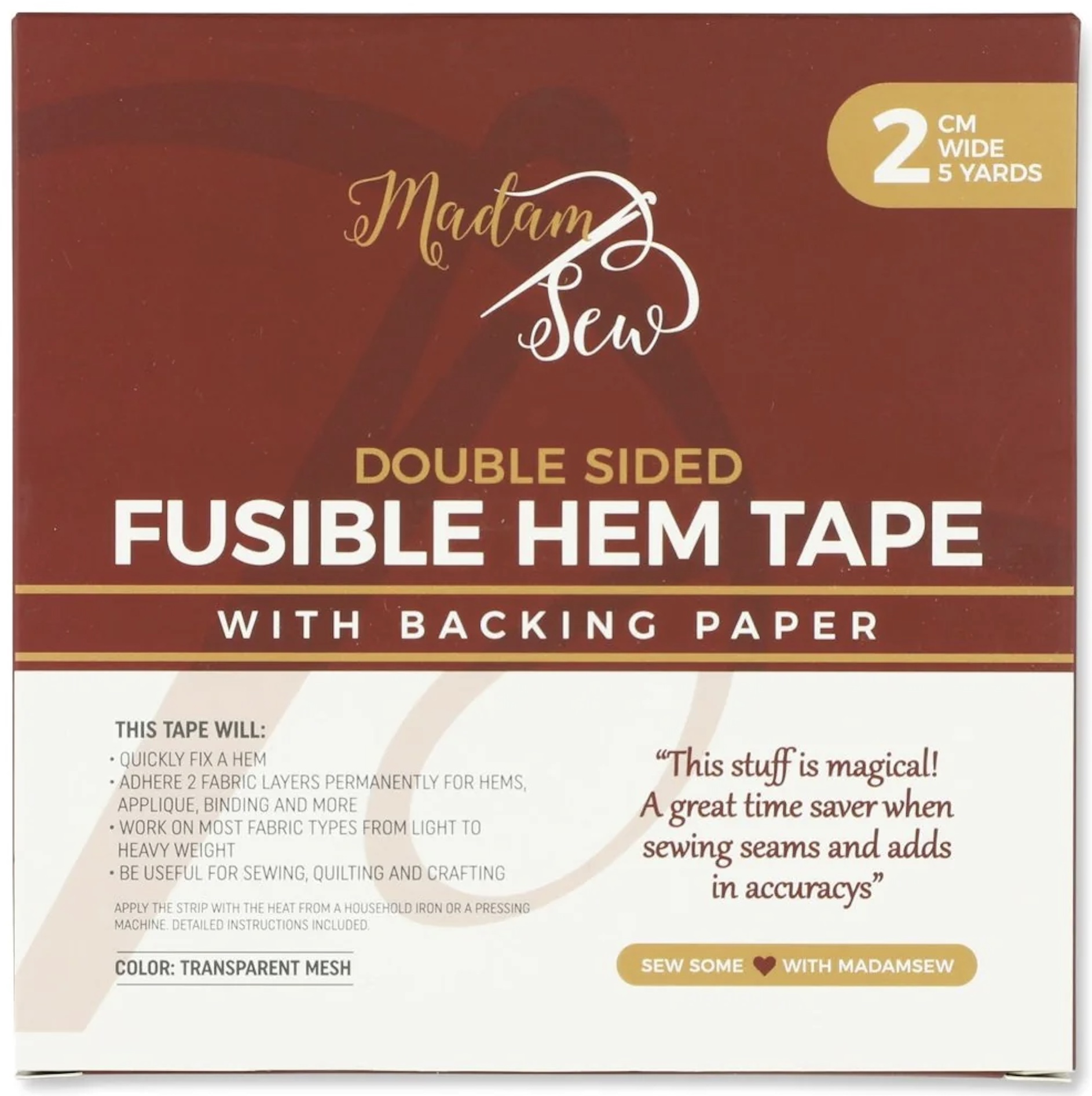 Fusible Hem Tape 2 CM wide by Madam Sew - Front of Package Image - Quiltblox.com