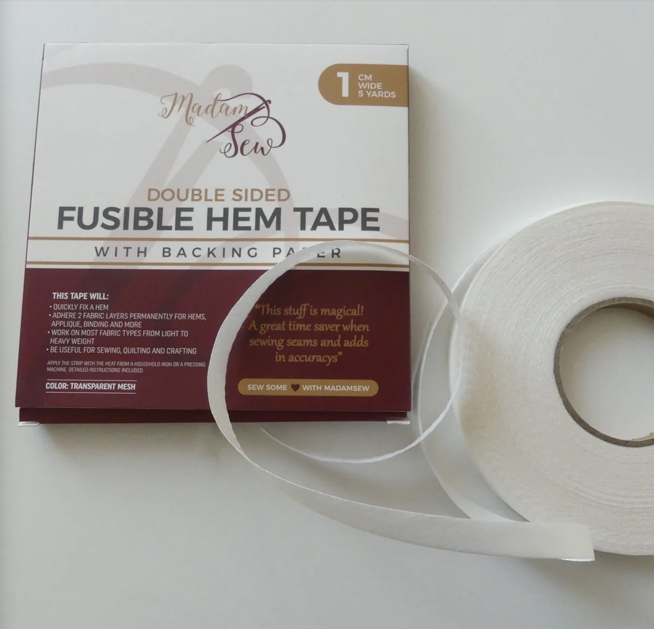 Fusible Hem Tape by Madam Sew - Package and Roll of Tape Image - Quiltblox.com