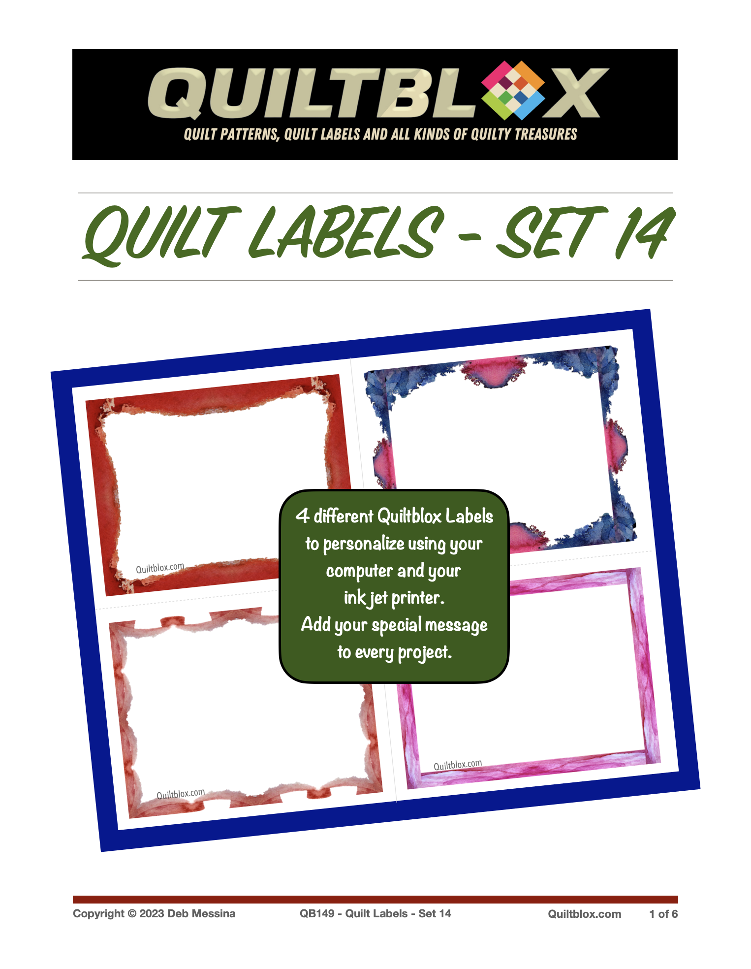 QB149 Quilt Label Set 14 – Red Frame, Blue and Pink Frame, Pink