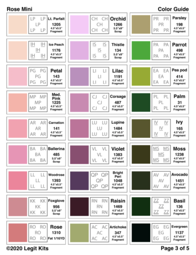 Rose Mini Quilt Kit by Legit Kits - Color Guide Image