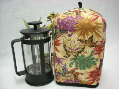QB128 - French Press Cozy - Mums and Butterflies on Gold