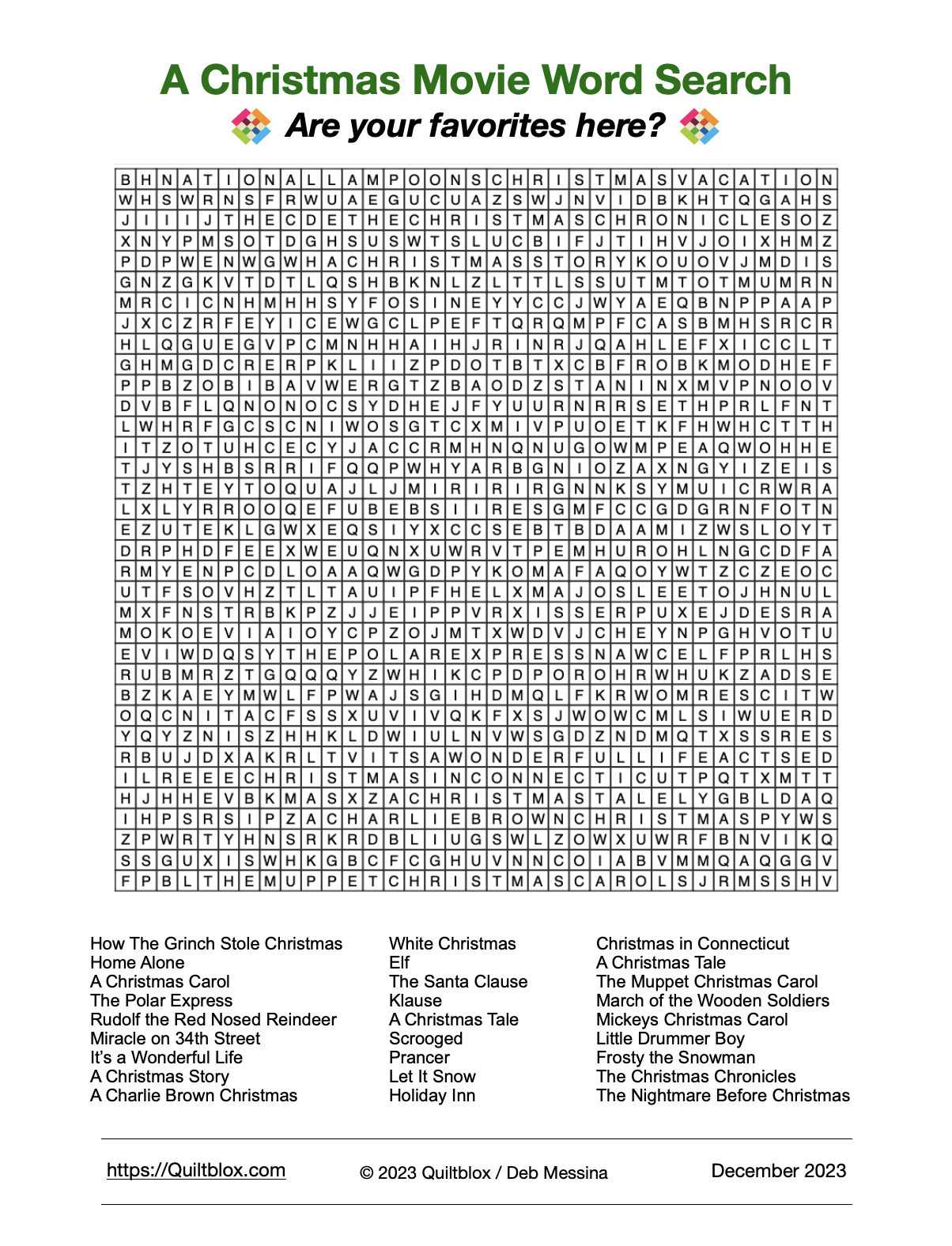 A Christmas Movies Word Search | Quiltblox.com