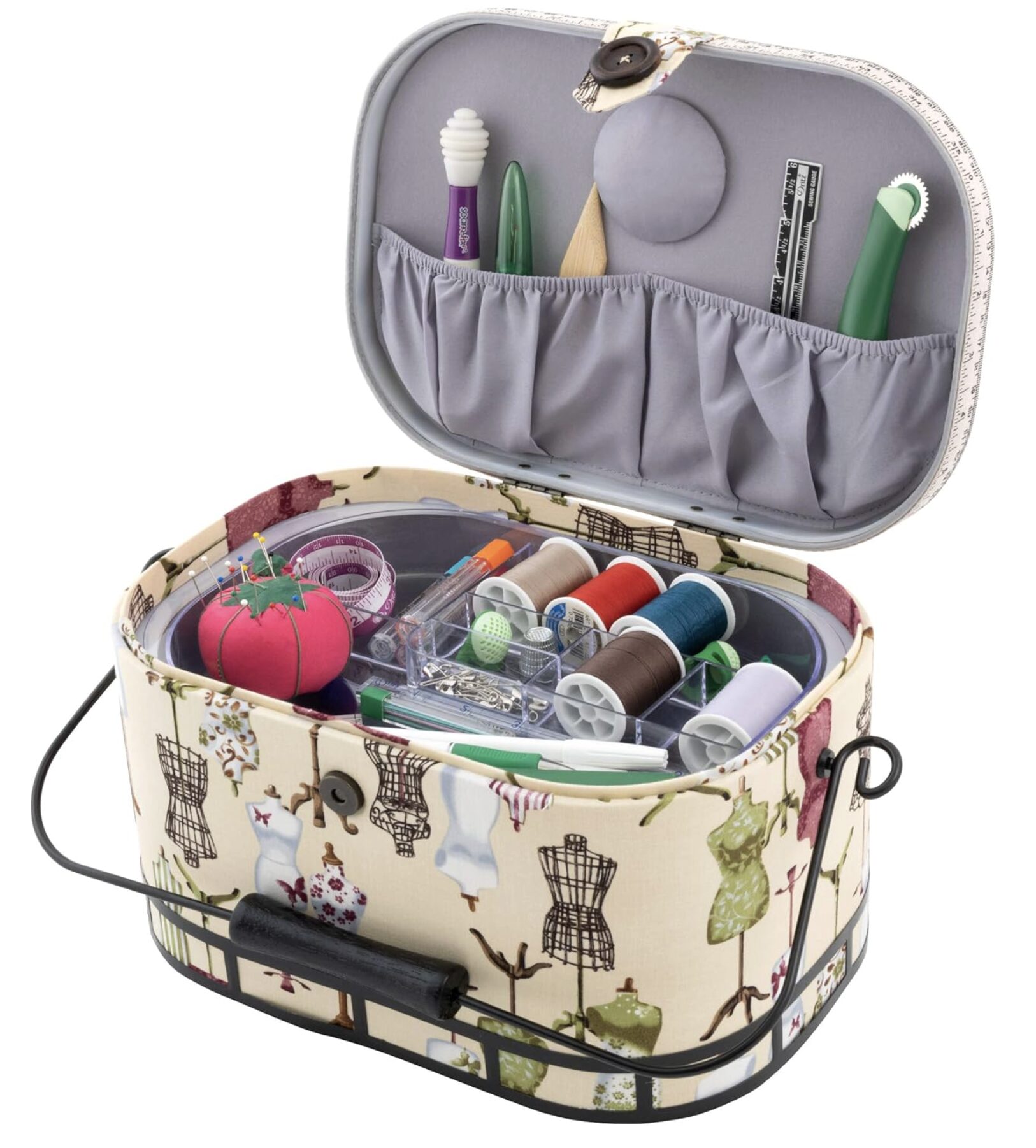 Dritz Vintage Style Sewing Basket - Filled with Sewing Tools