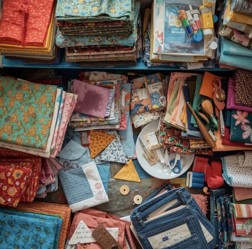 Quilt Project Planning - stacks of quilting fabrics and sewing tools