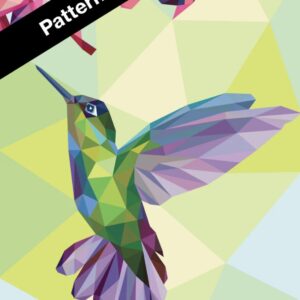 Geometric hummingbird in greens and purples with a black diagonal 'Pattern' banner across the top.
