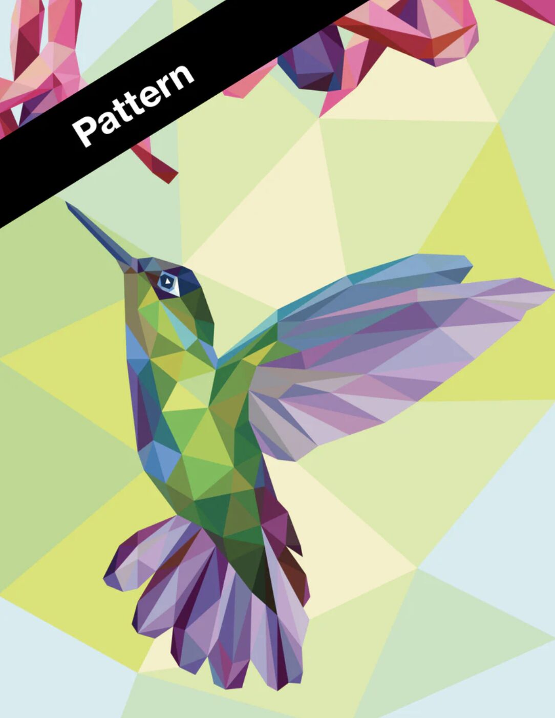 Geometric hummingbird in greens and purples with a black diagonal 'Pattern' banner across the top.