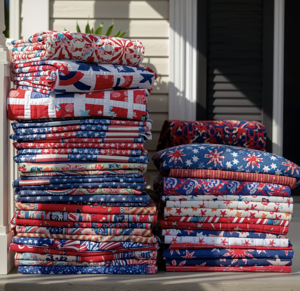 Let's Have a Patriotic Quilt Show! A stack of patriotic quilts on a porch