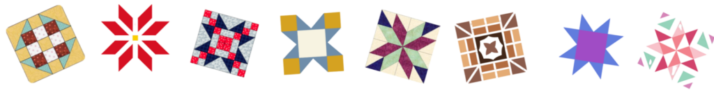 A row of brightly colored quilt blocks
