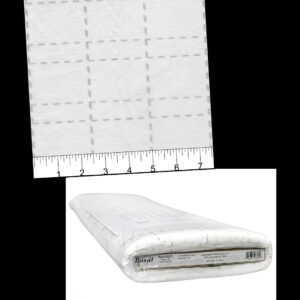 White quilt batting panel with a dashed grid pattern and an inches ruler for scale, paired with a Bosal batting package below (quilting supplies).