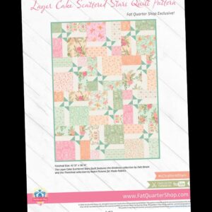 Pastel quilt pattern cover with floral and geometric blocks forming scattered star design, titled 'Layer Cake Scattered Stars Quilt Pattern' on a white background with pink accents.