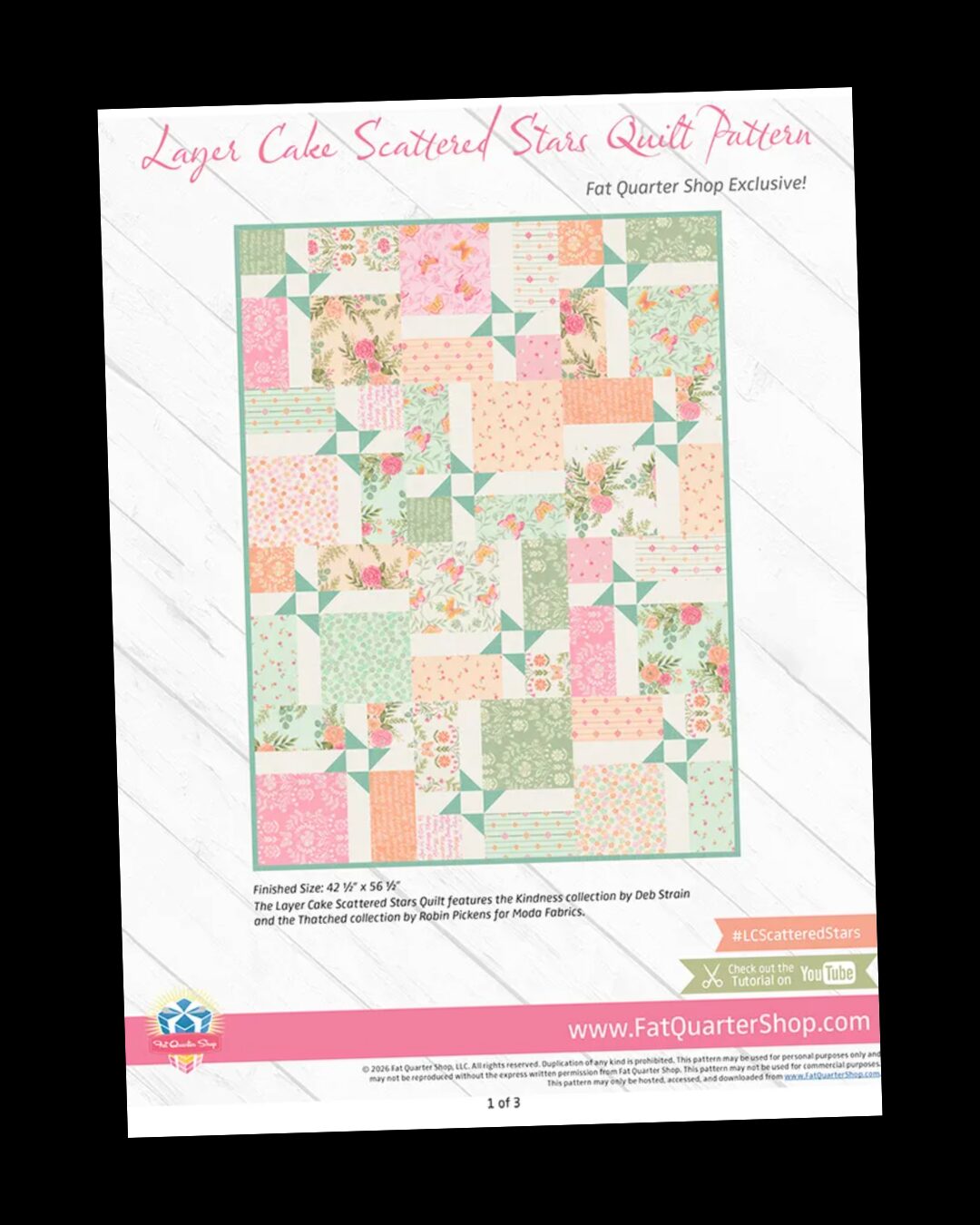 Pastel quilt pattern cover with floral and geometric blocks forming scattered star design, titled 'Layer Cake Scattered Stars Quilt Pattern' on a white background with pink accents.