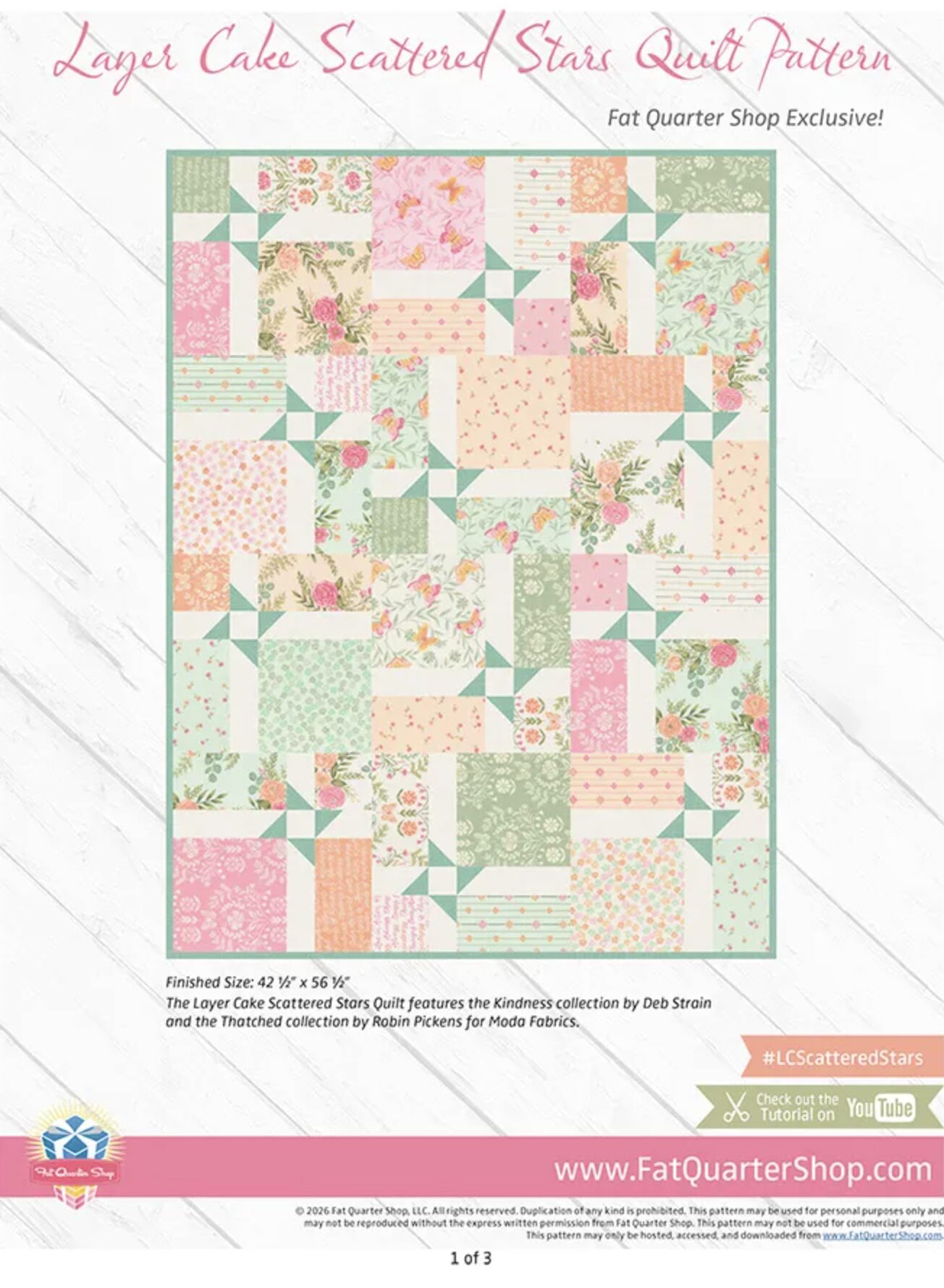Quilt pattern cover featuring a pastel patchwork quilt with pink, mint, and peach fabrics; title reads 'Layer Cake Scattered Stars Quilt Pattern' and 'Fat Quarter Shop Exclusive!'