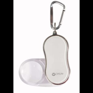 OttLite portable magnifier/keychain: white bone-shaped magnifier with silver trim and a metal carabiner clip