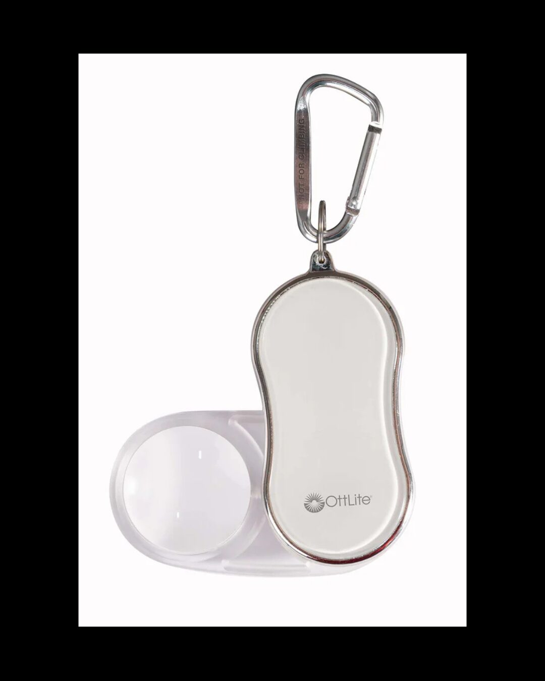 OttLite portable magnifier/keychain: white bone-shaped magnifier with silver trim and a metal carabiner clip