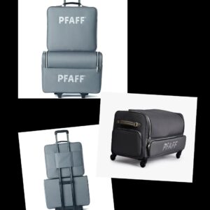 Set of PFAFF-brand luggage: blue rolling suitcase, hanging garment bag and a dark wheeled carry-on against white background (collage).