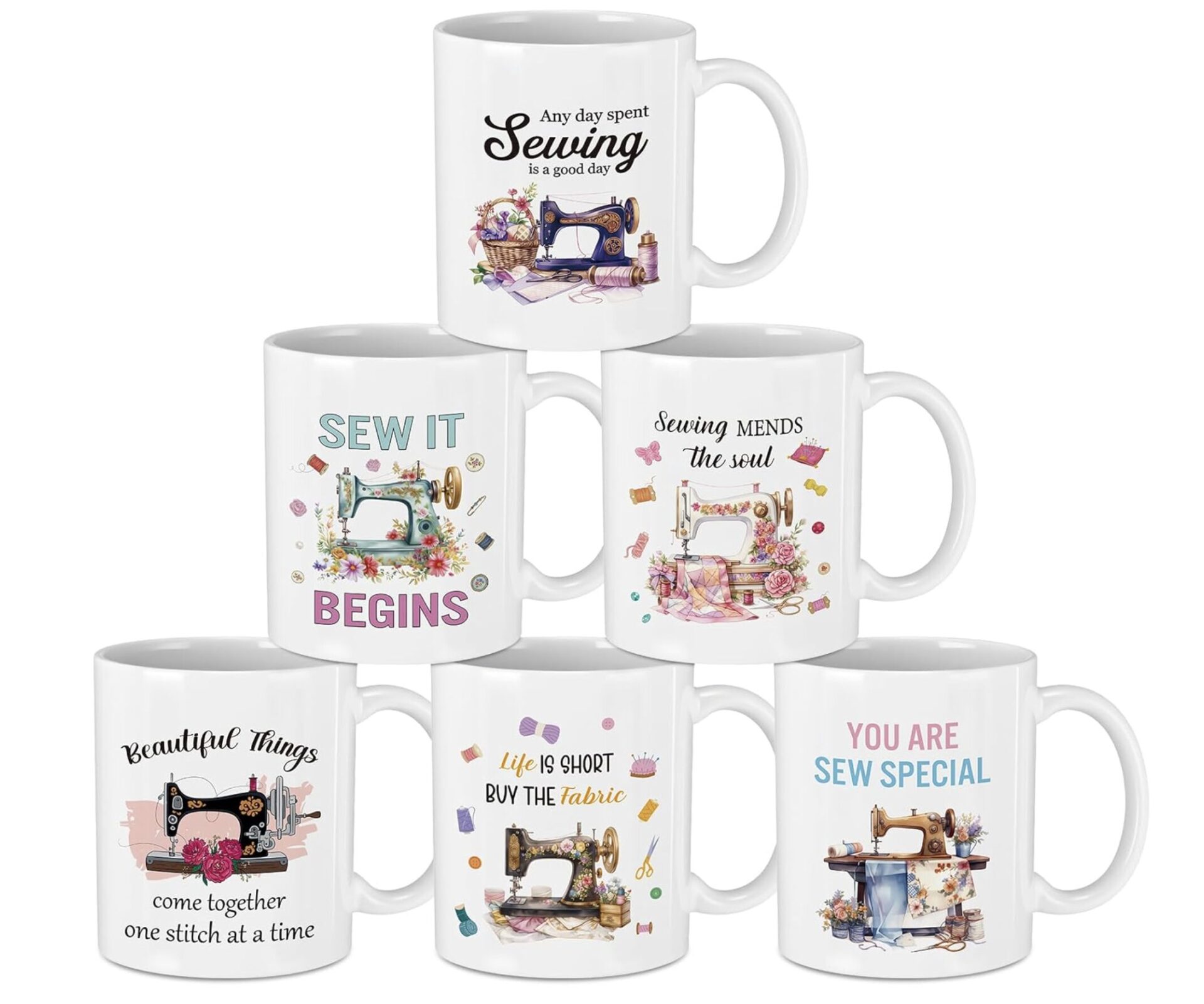 Stacked white mugs decorated with sewing-themed illustrations and quotes on each cup.