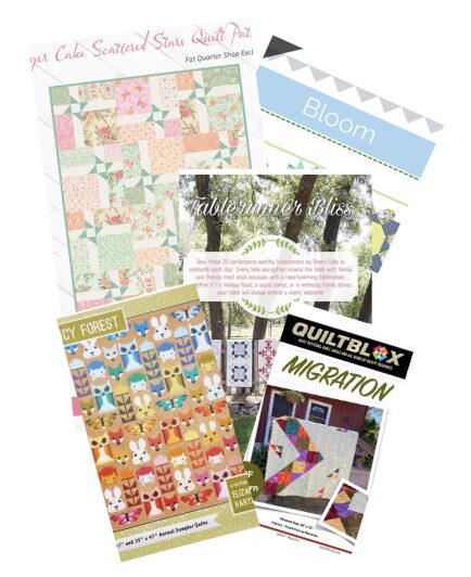 Collage of quilting patterns featuring a patchwork quilt, a blue 'Bloom' card, and various colorful fabrics.