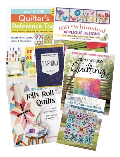 Collage of colorful quilting books and patterns, including Jelly Roll Quilts and zero‑waste quilting designs.