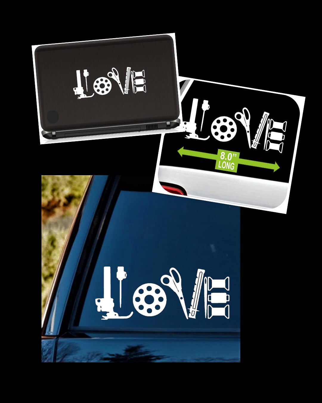 Decorative white tool-themed 'LOVE' sticker applied to a car window, with letters formed by tools and gear shapes.
