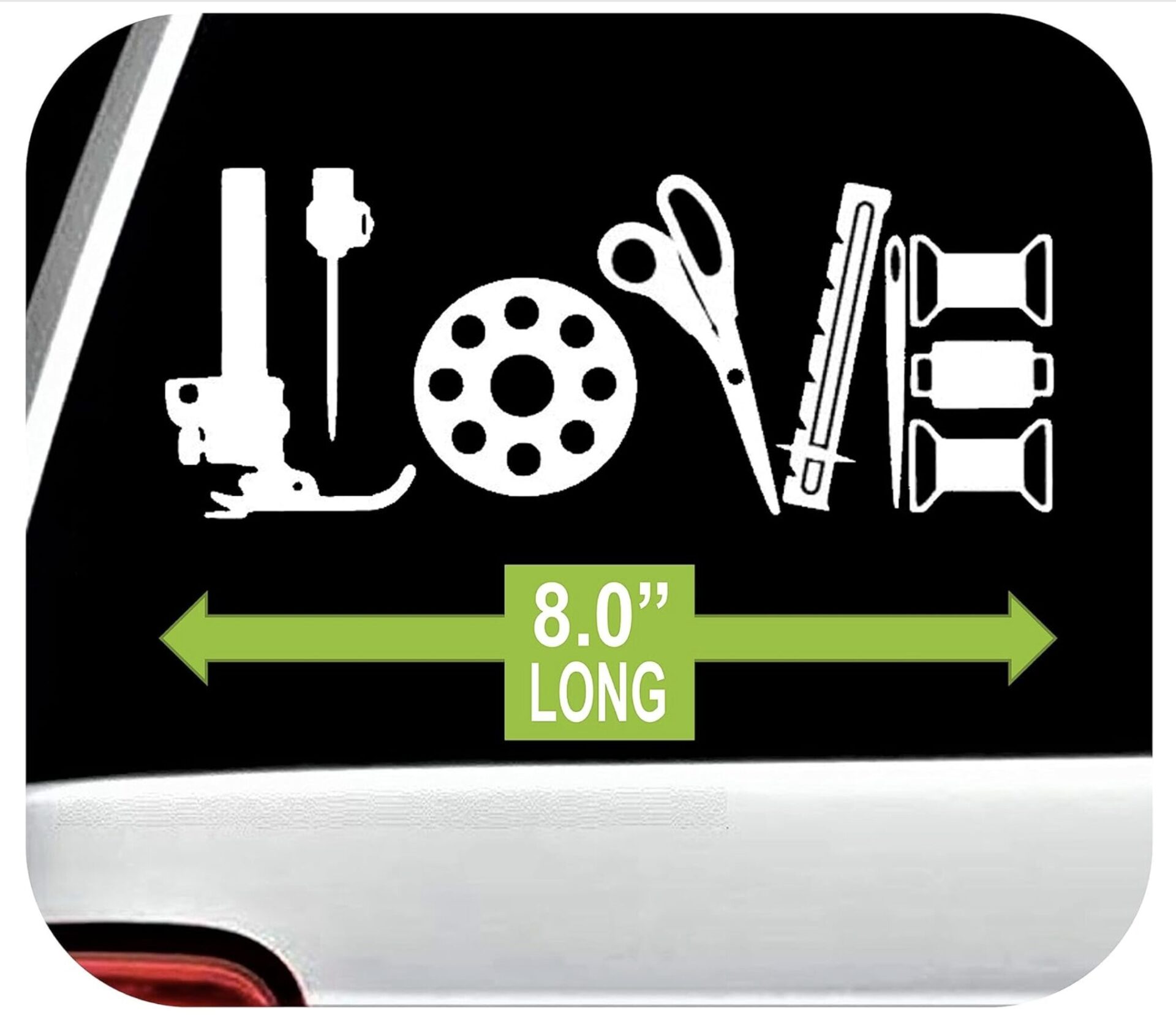 Illustration of a set of tools (scissors, file, wheel, screwdrivers) on a black background with a green banner reading 8.0" long