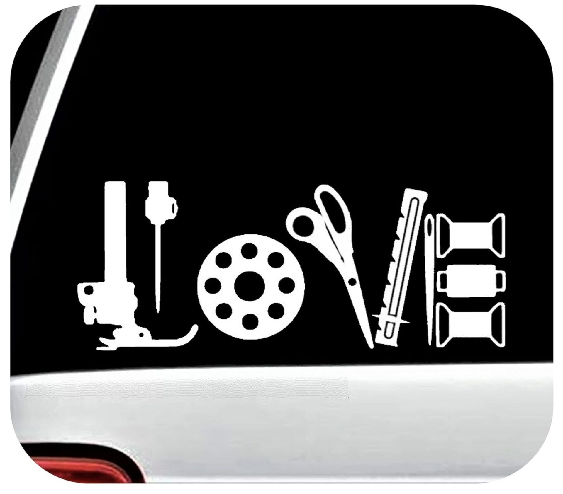 White line drawing of assorted workshop tools (scissors, drill/bit, round vent or wheel, and roller) on a black rounded background.