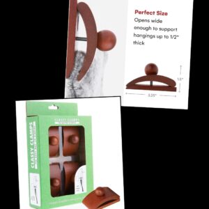 Product collage for Classy Clamps: wooden clamp with a round knob and curved arm, plus green packaging showing four clamps and an included piece.