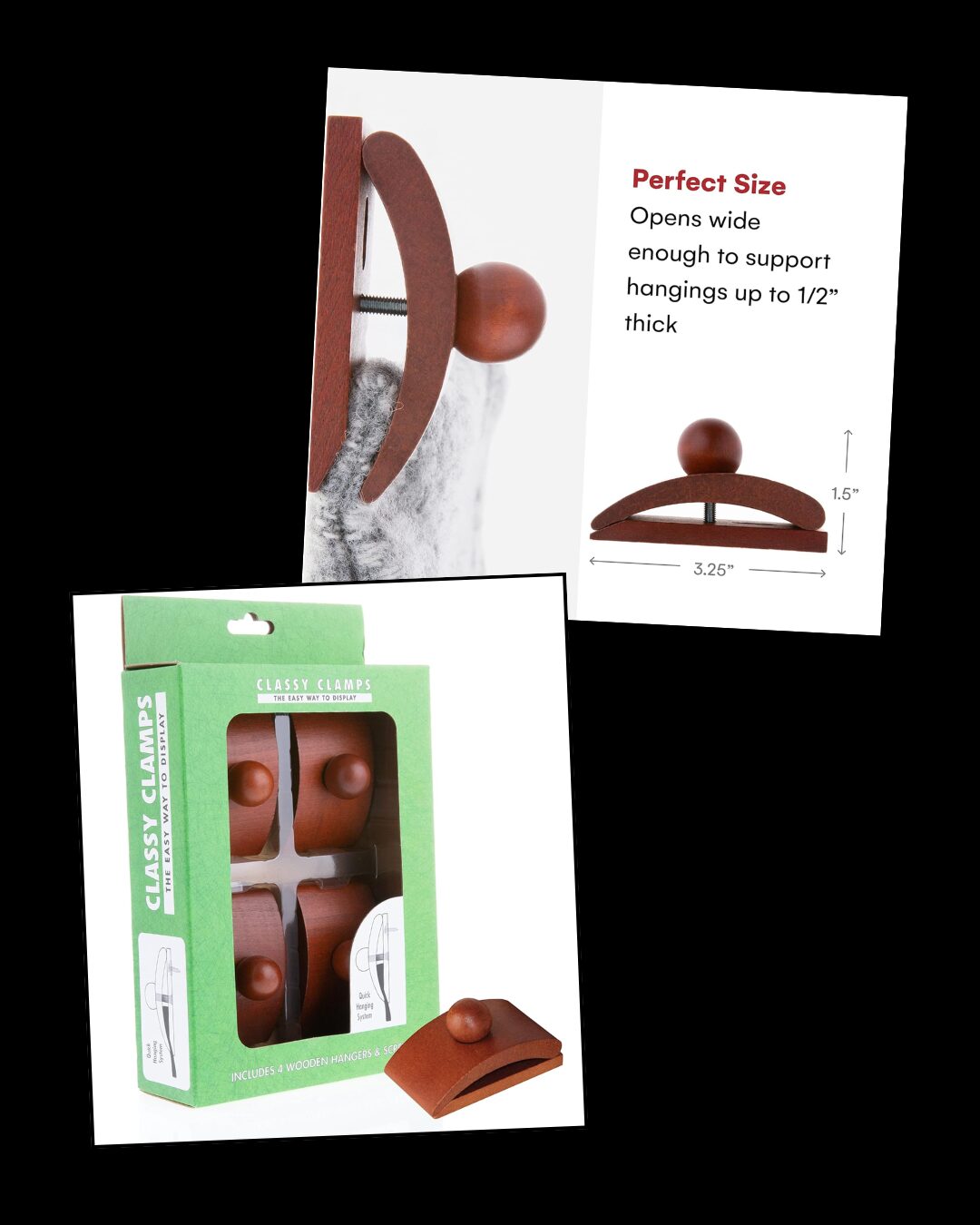 Product collage for Classy Clamps: wooden clamp with a round knob and curved arm, plus green packaging showing four clamps and an included piece.