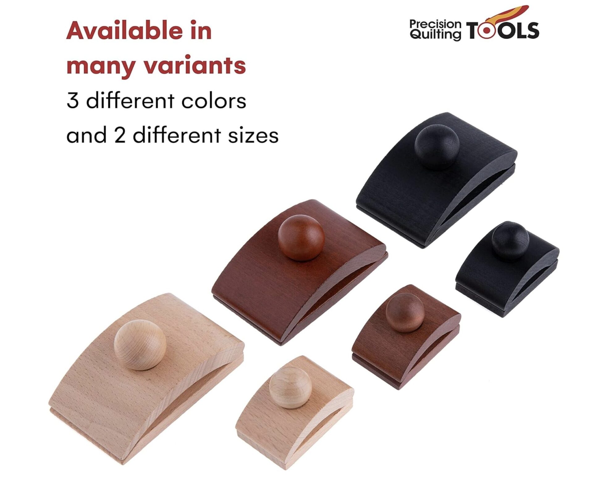 Promo image showing wooden blocks with spheres in beige, light brown, and dark brown, arranged diagonally; text reads 'Available in many variants' with '3 different colors and 2 different sizes' and a Precision Quilting Tools logo in the corner.
