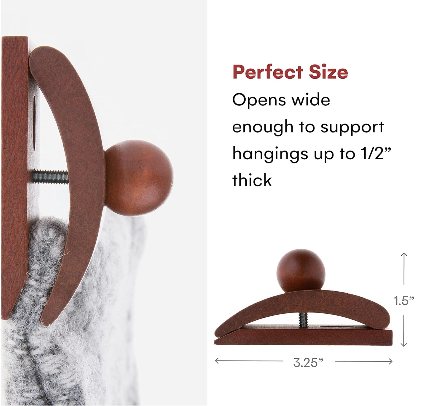 Wooden clamp with screw on left, beside a diagram showing 'Perfect Size' and dimensions for hangings up to 1/2 inch thick.