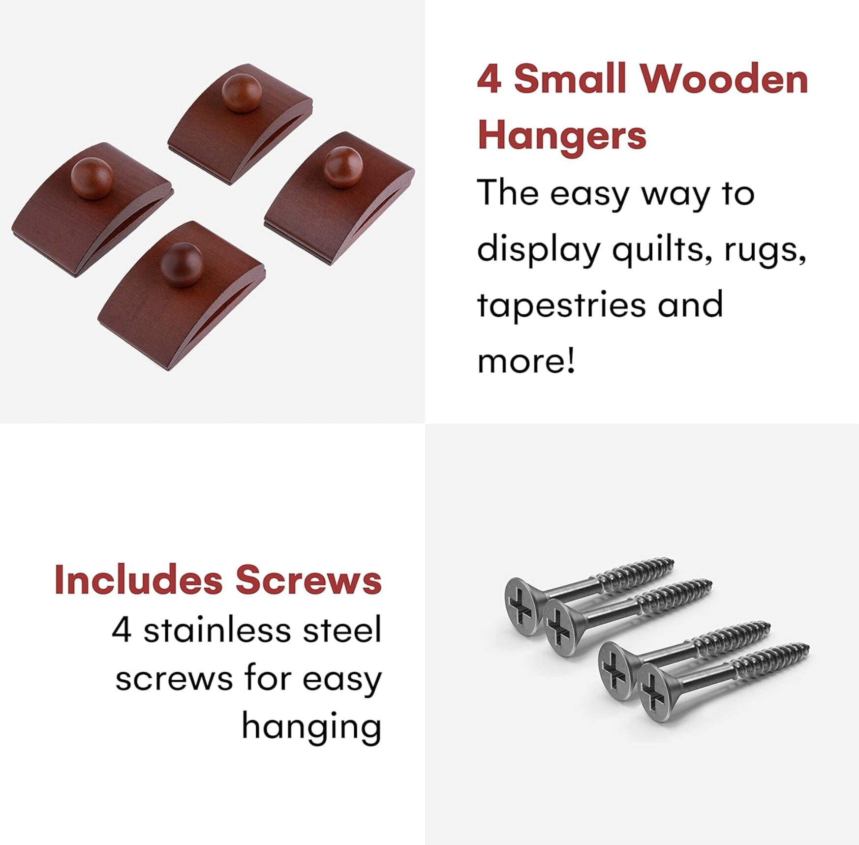 Collage showing four small wooden hangers with knobs on left and bold product headline on right: '4 Small Wooden Hangers' with description text about displaying textiles and screws included nearby on page next to image.
