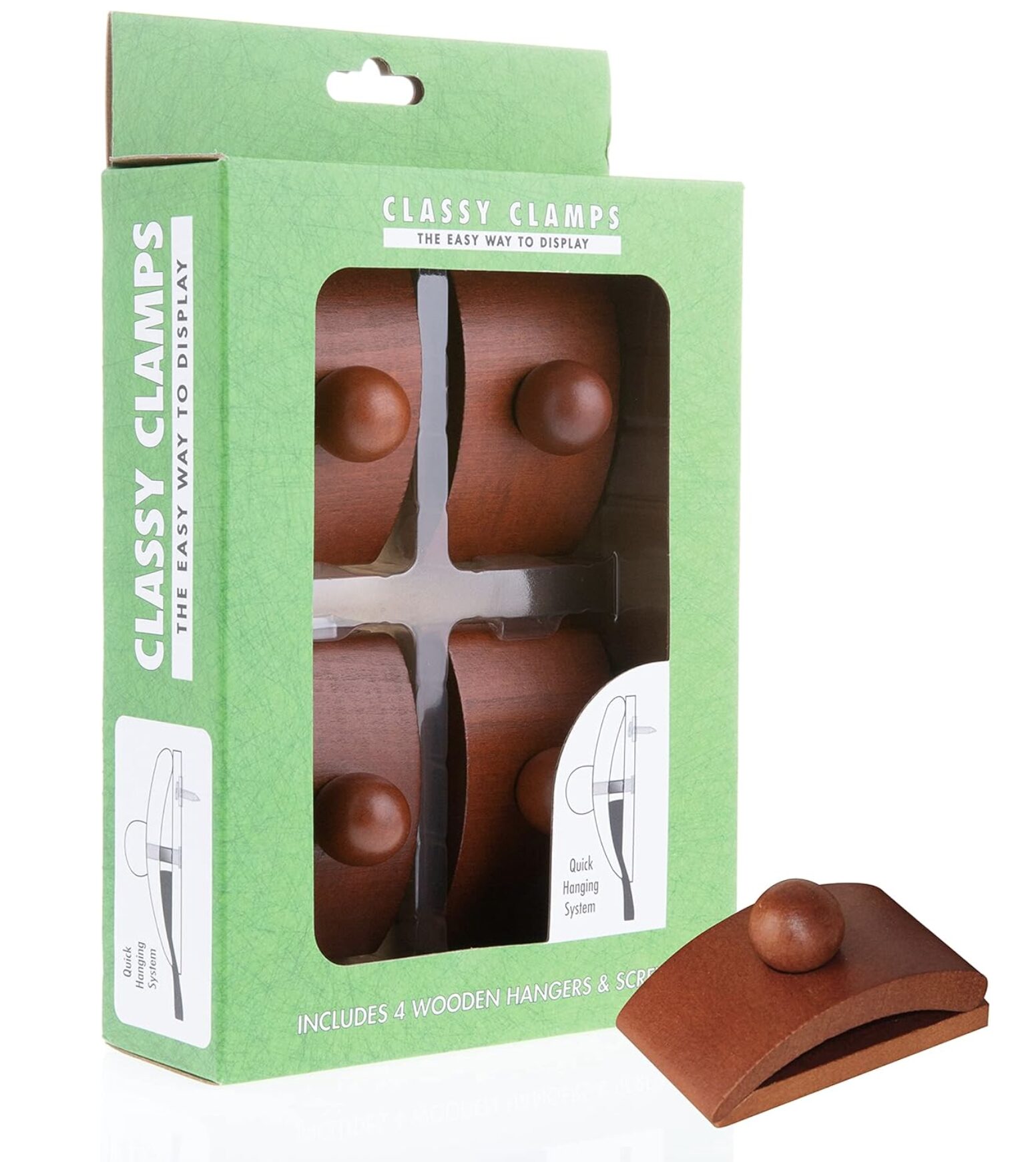 Green packaging box for Classy Clamps, showing four wooden hangers through a clear window; product display hardware visible inside.