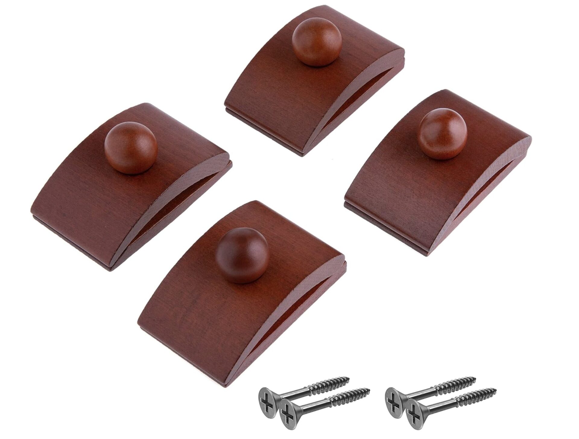 Assorted wooden blocks with curved tops and small knobs, arranged with metal screws below.
