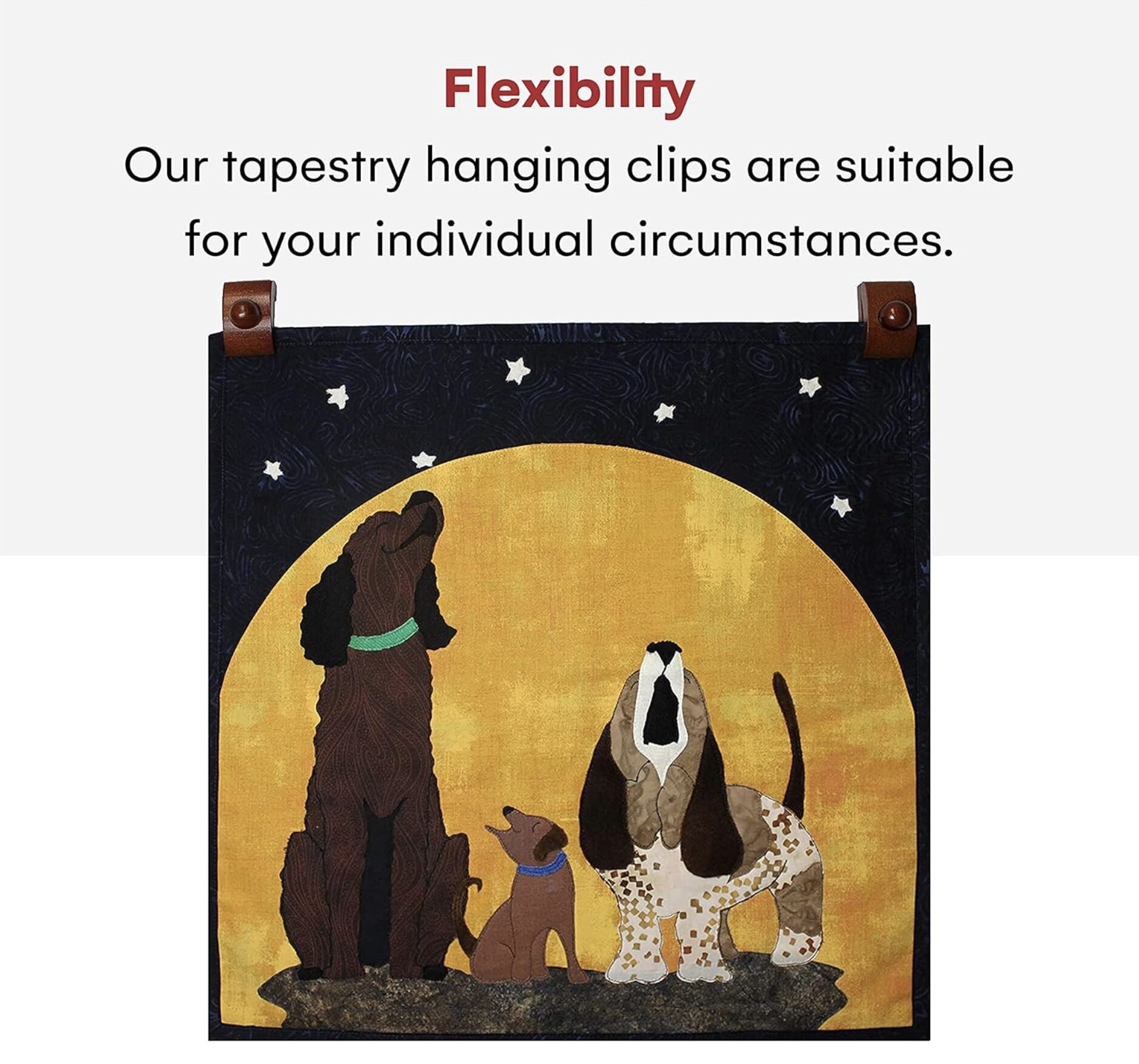 Banner-style image showing the word 'Flexibility' and marketing text about tapestry hanging clips, with a tapestry artwork featuring several dogs in front of a large yellow moon, hung by brown leather clips.