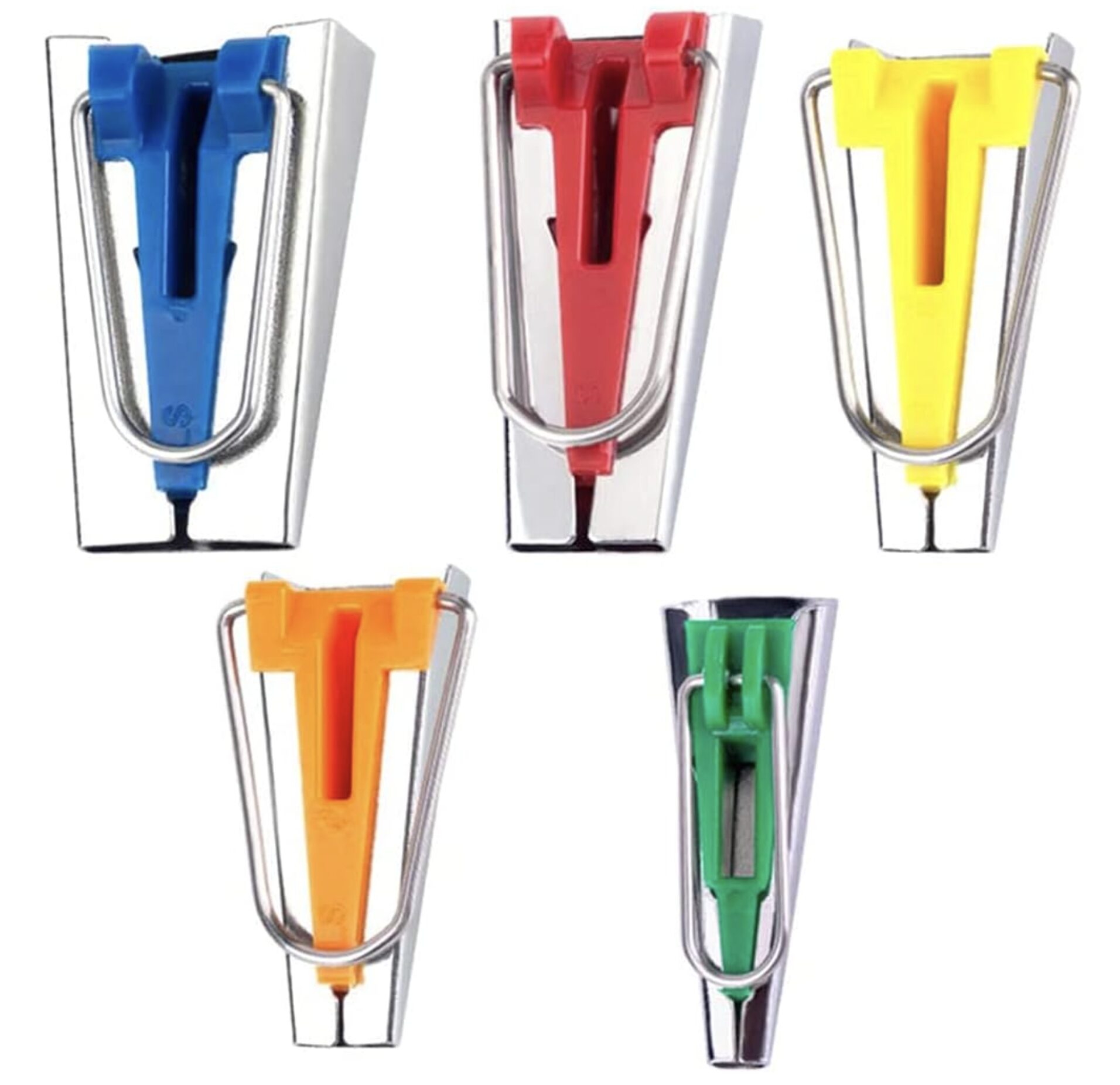 Colorful plastic cable clamps in blue, red, yellow, orange, and green mounted on metal frames, shown in a grid-like arrangement.
