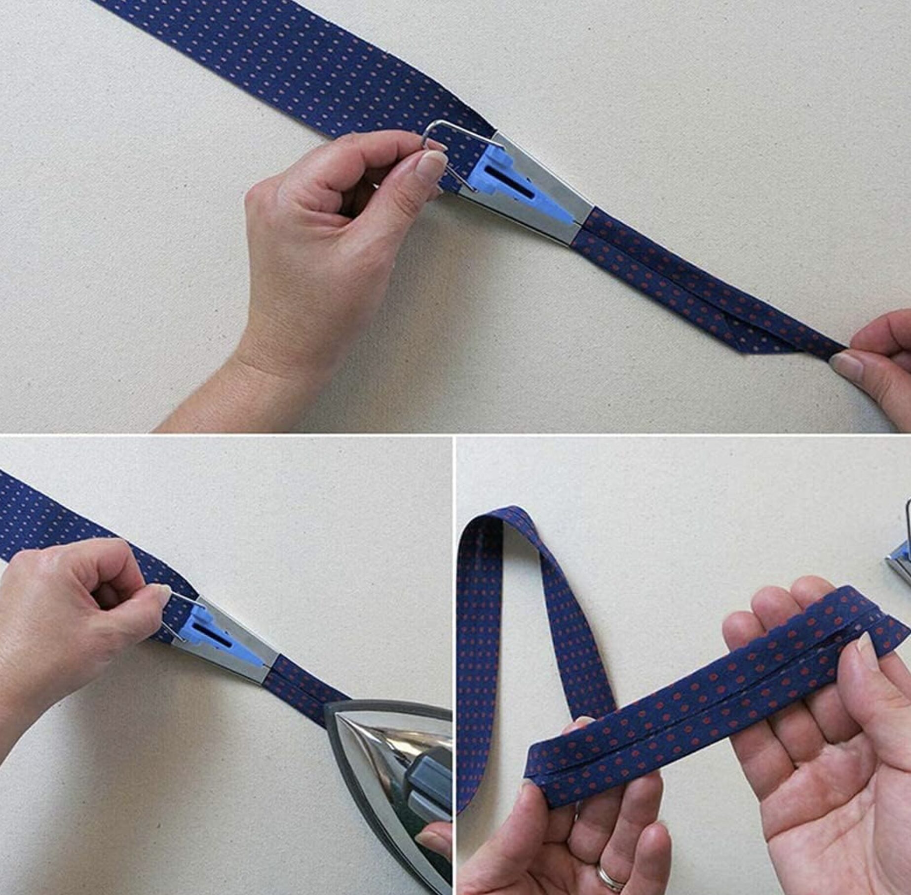 Collage showing hands trimming and shaping a blue dotted necktie with a small metal tool, iron visible nearby for pressing.