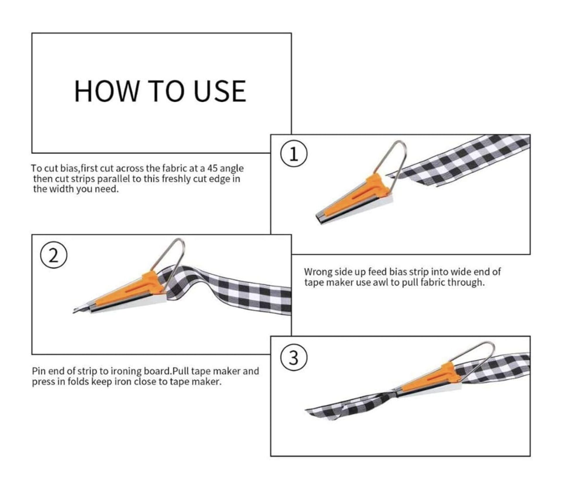 Step-by-step instructional diagram on how to use a tape maker to cut bias strips from checkered fabric.