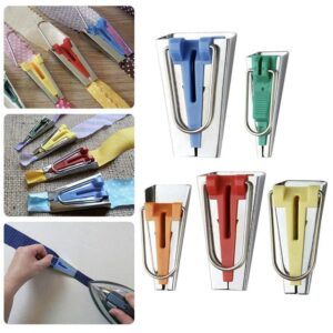 Assorted colorful utility knives with retractable blades for cutting fabric, paper, and craft materials (collage).