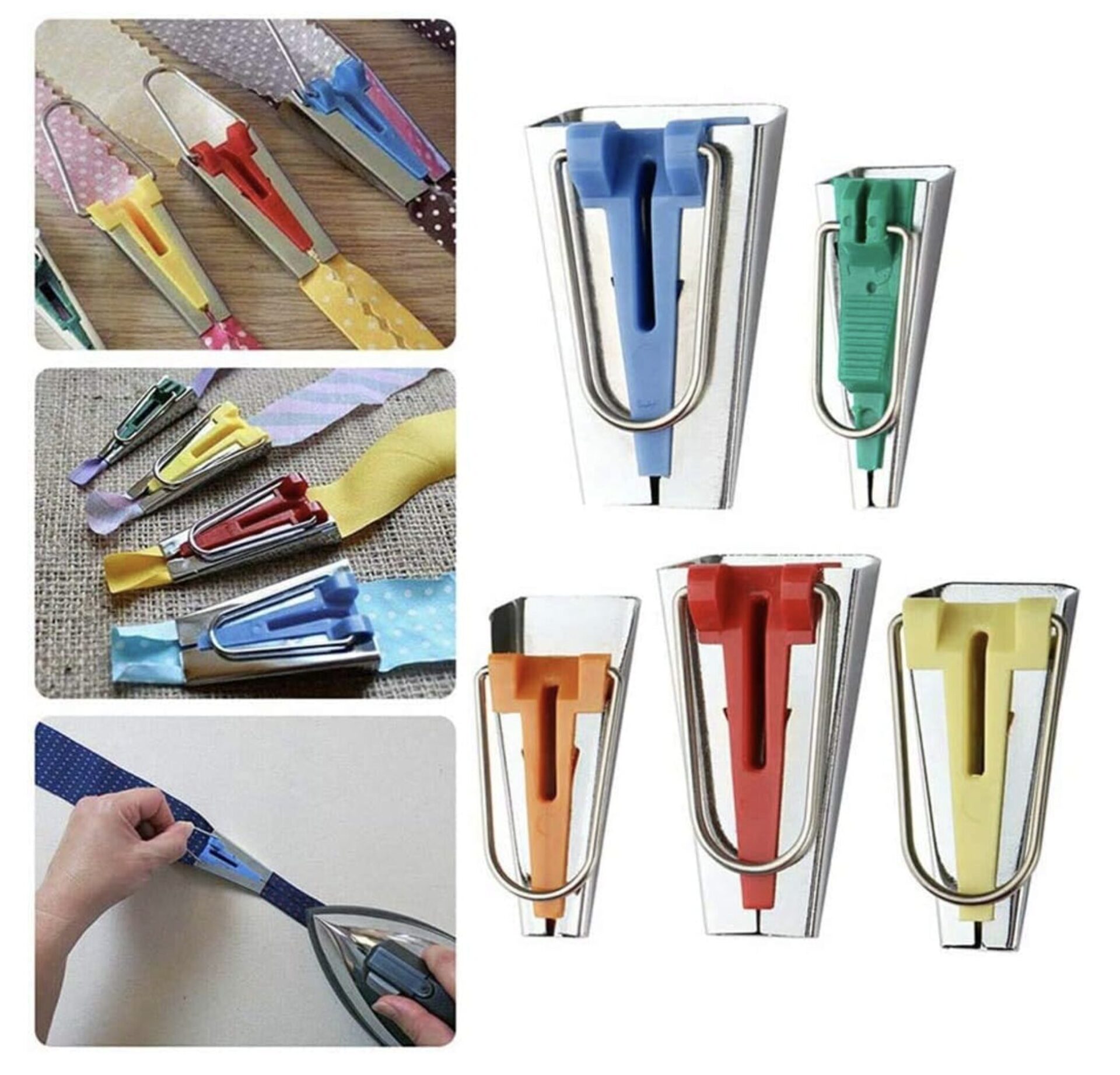 Assorted colorful utility knives with retractable blades for cutting fabric, paper, and craft materials (collage).