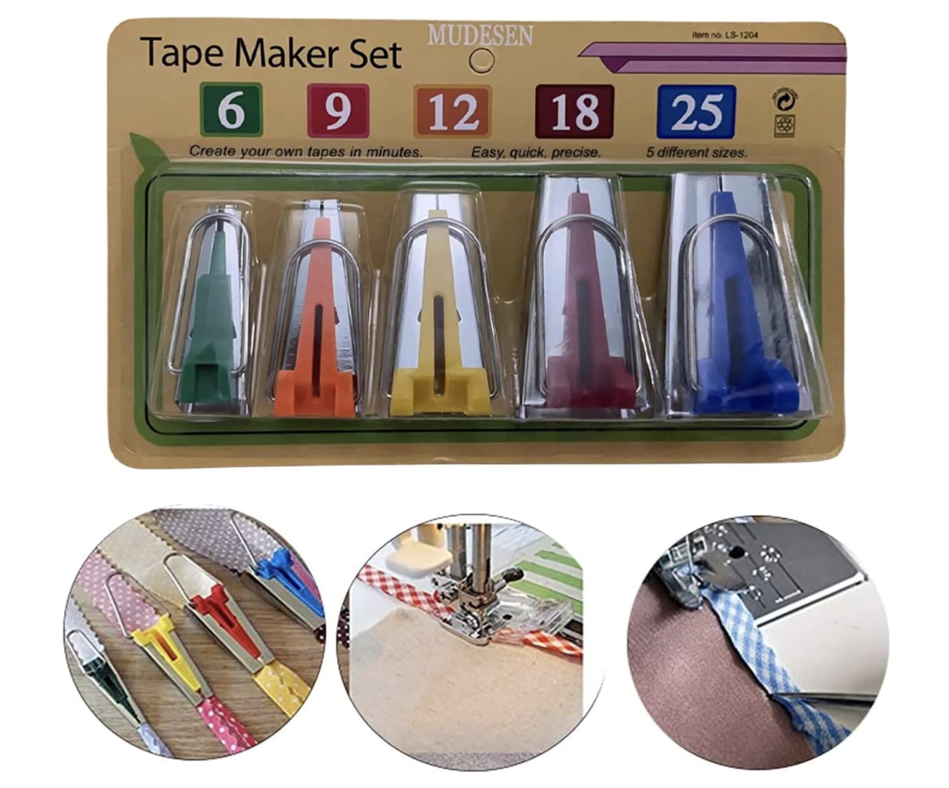 Tape Maker Set with five color-coded tape spools: green, orange, yellow, burgundy, and blue in plastic blister packaging.