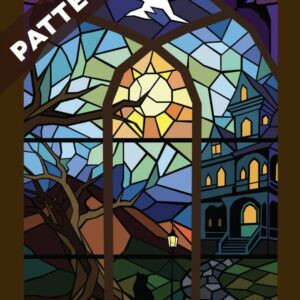 Stained-glass style scene viewed through an arched window: sunset center, a bare tree, a gothic building, a cat silhouette, and a carved pumpkin on the ground.