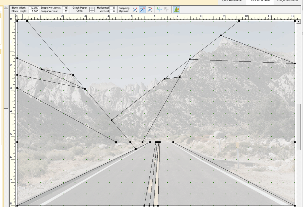 Screenshot of an image editor showing a road photo with a perspective grid and black polygon/anchor lines and points over a mountain landscape.