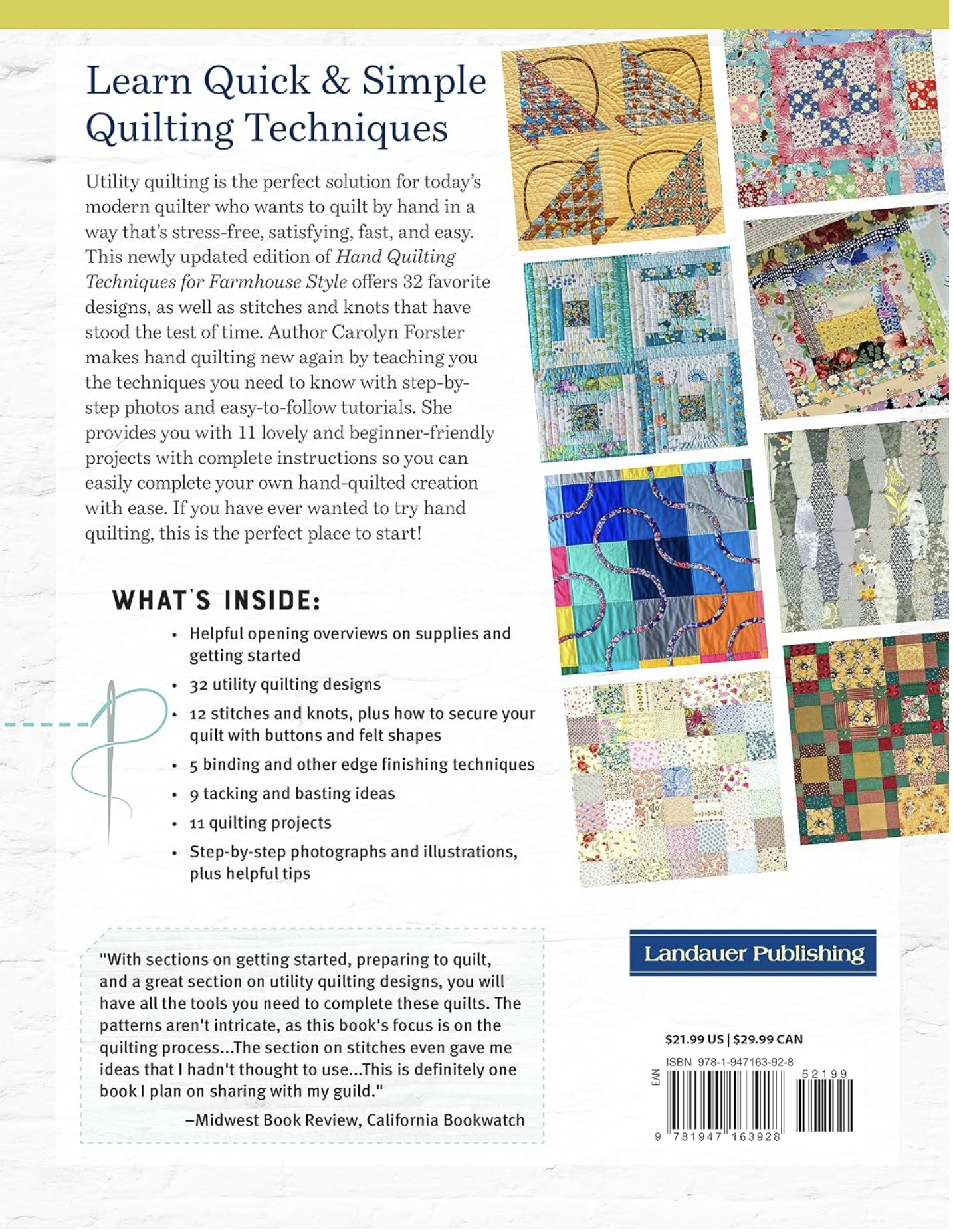 Hand Quilting Techniques for Farmhouse Style - Back Cover